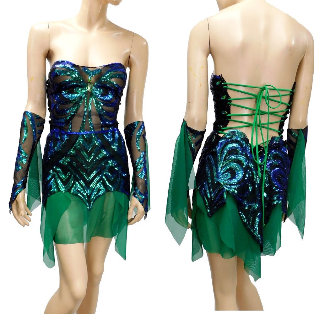 Dark Green and Blue Iridescent Sequins Butterfly Goddess Fairy Dress